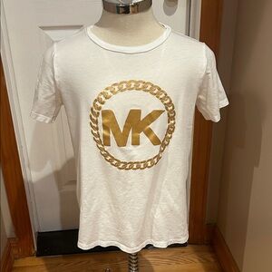Michael Kors White Tee with Gold MK Chain Emblem